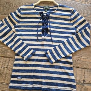 Lauren Ralph Lauren Striped Blue and White Lace-Up Top